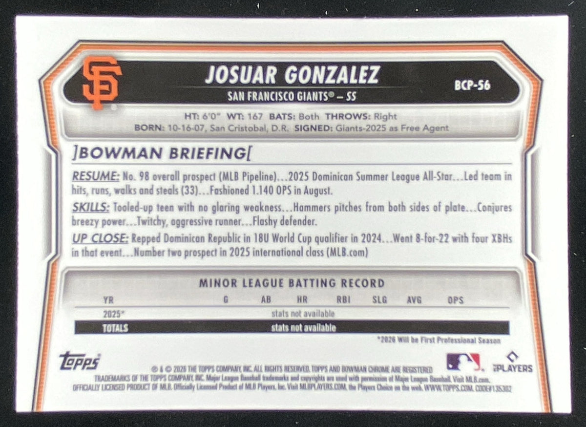 2026 Bowman Josuar Gonzalez #BCP-56 trading card