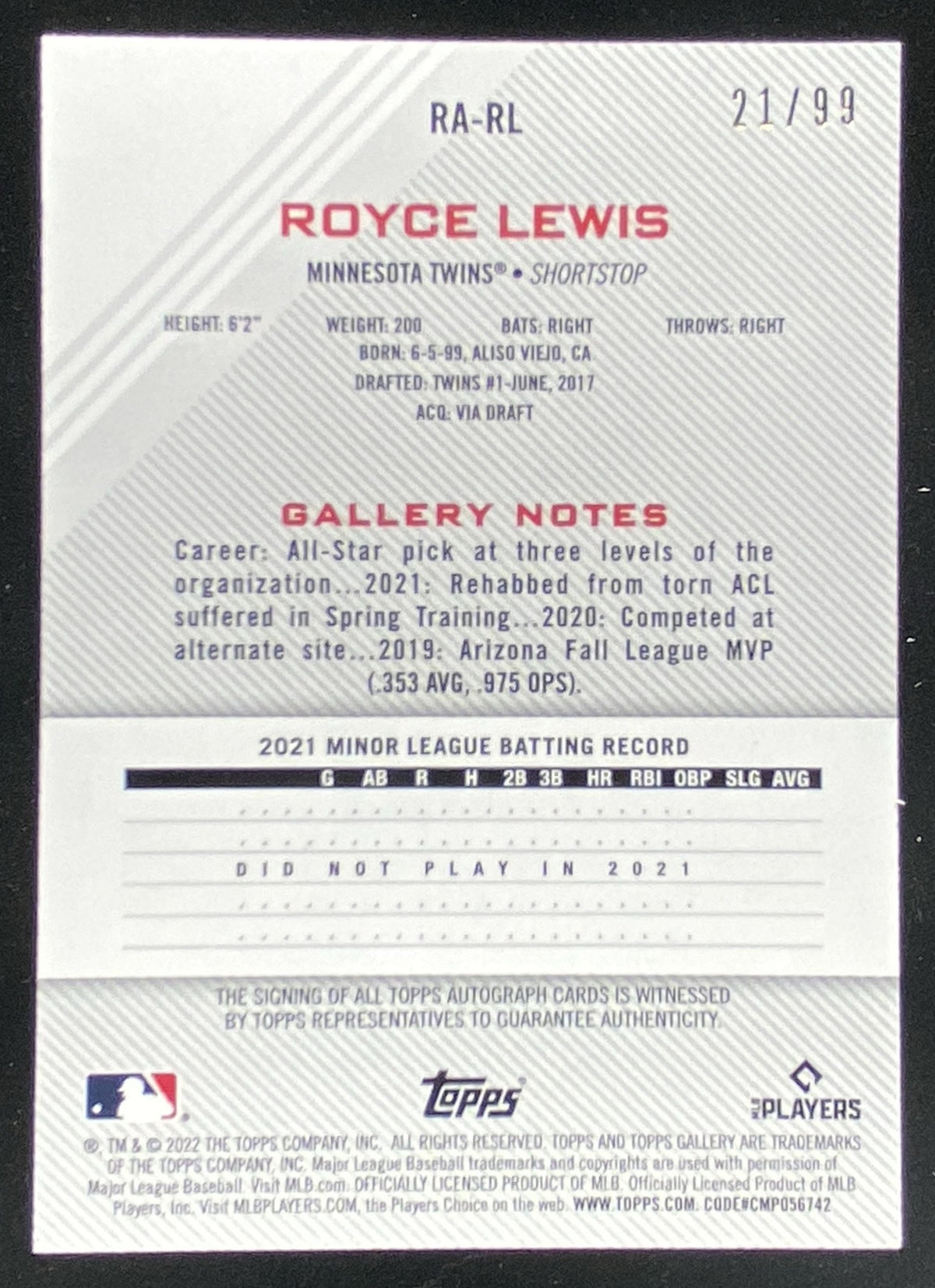 2022 Topps Gallery Royce Lewis #RA-RL trading card