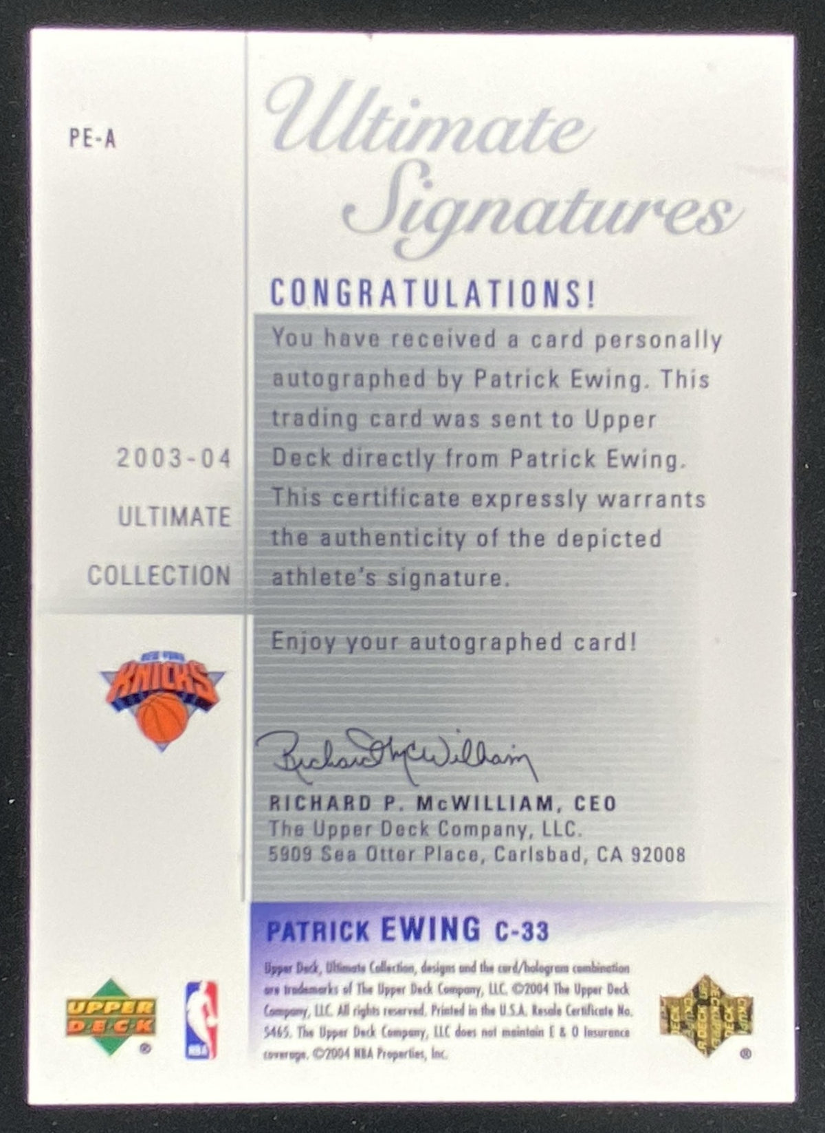 2003 Upper Deck Ultimate Collection Patrick Ewing #PE-A trading card