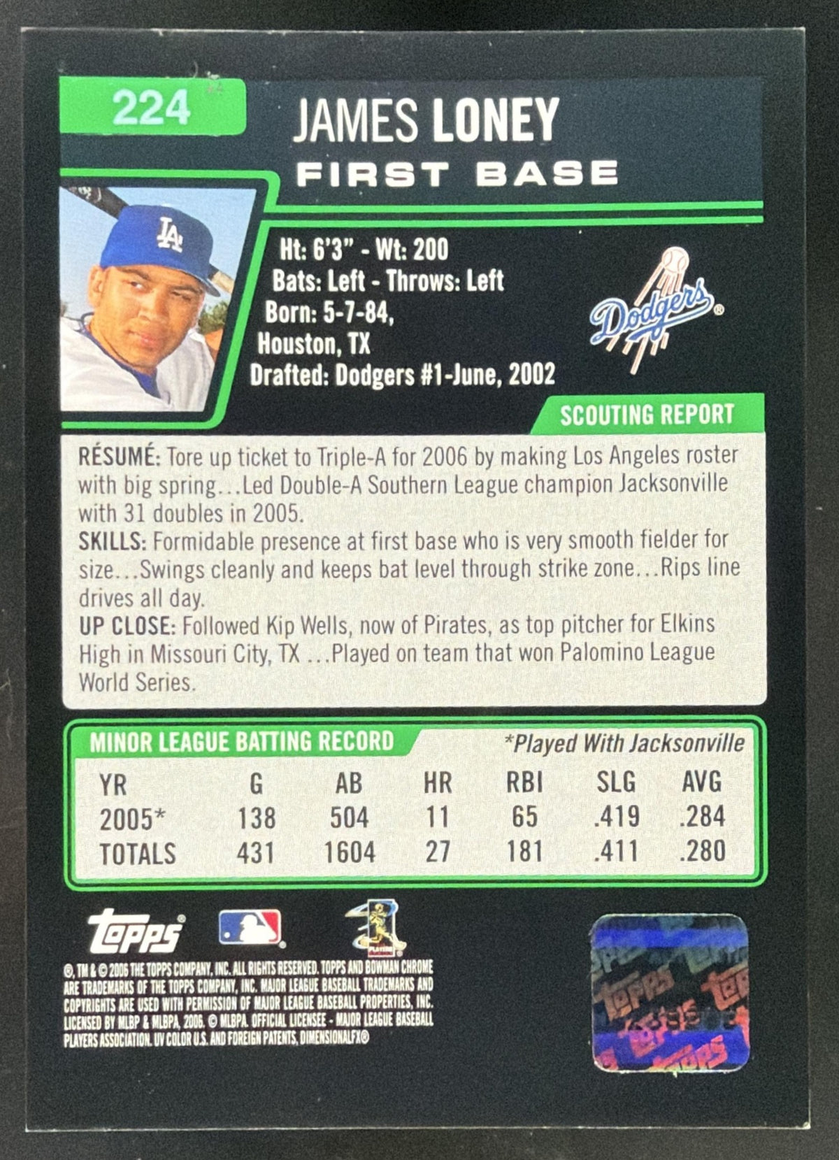2006 Bowman Chrome James Loney Auto