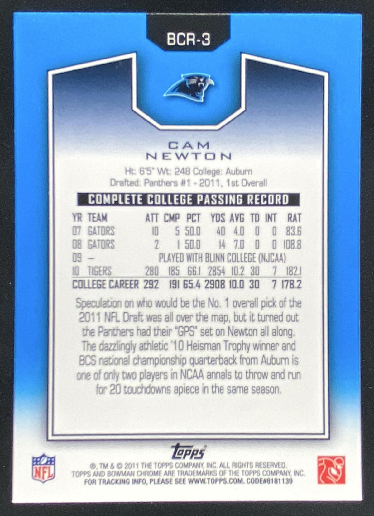 2011 Bowman Chrome Cam Newton #BCR-3 trading card