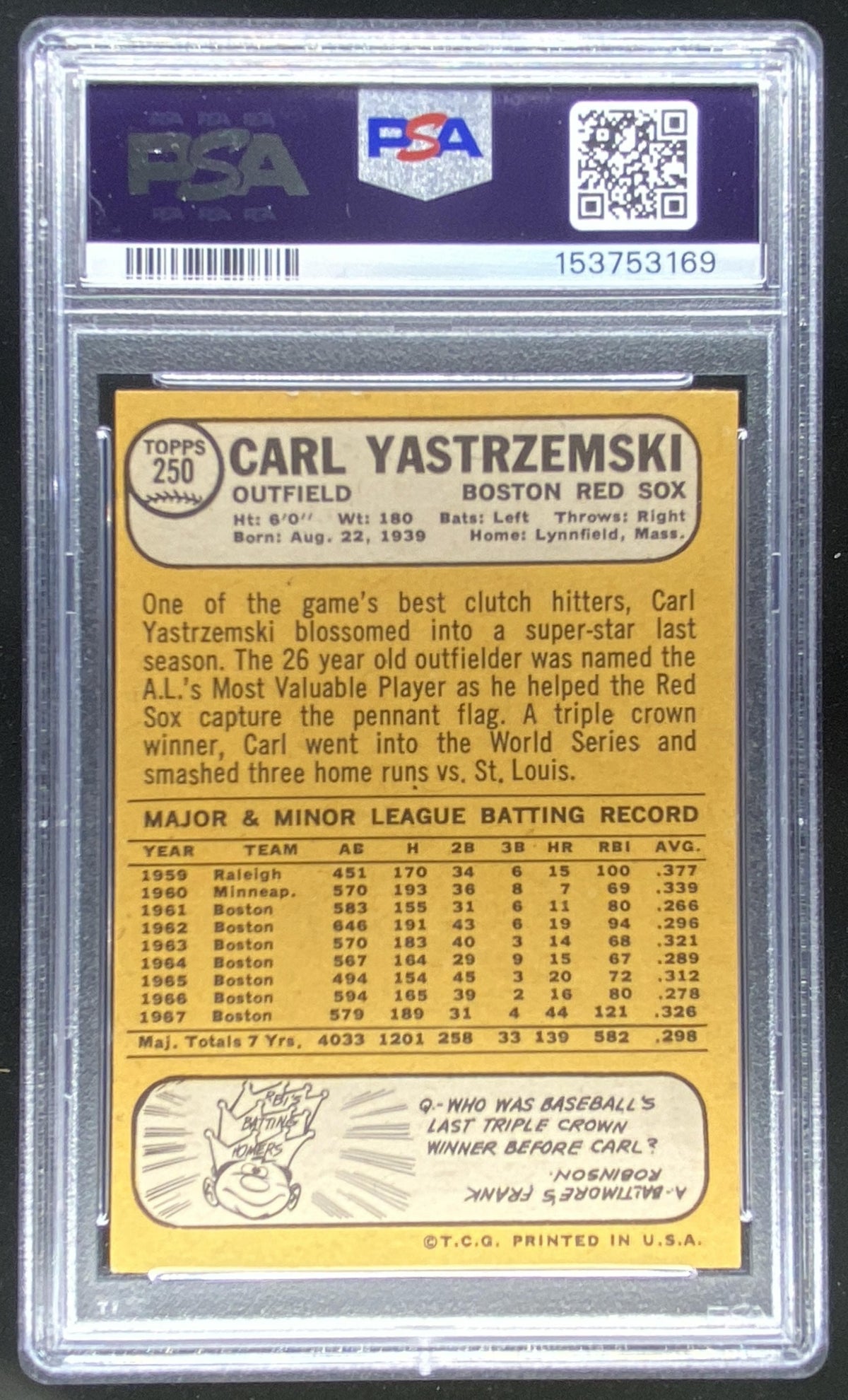 1968 Topps Carl Yastrzemski #250 graded PSA 6 trading card