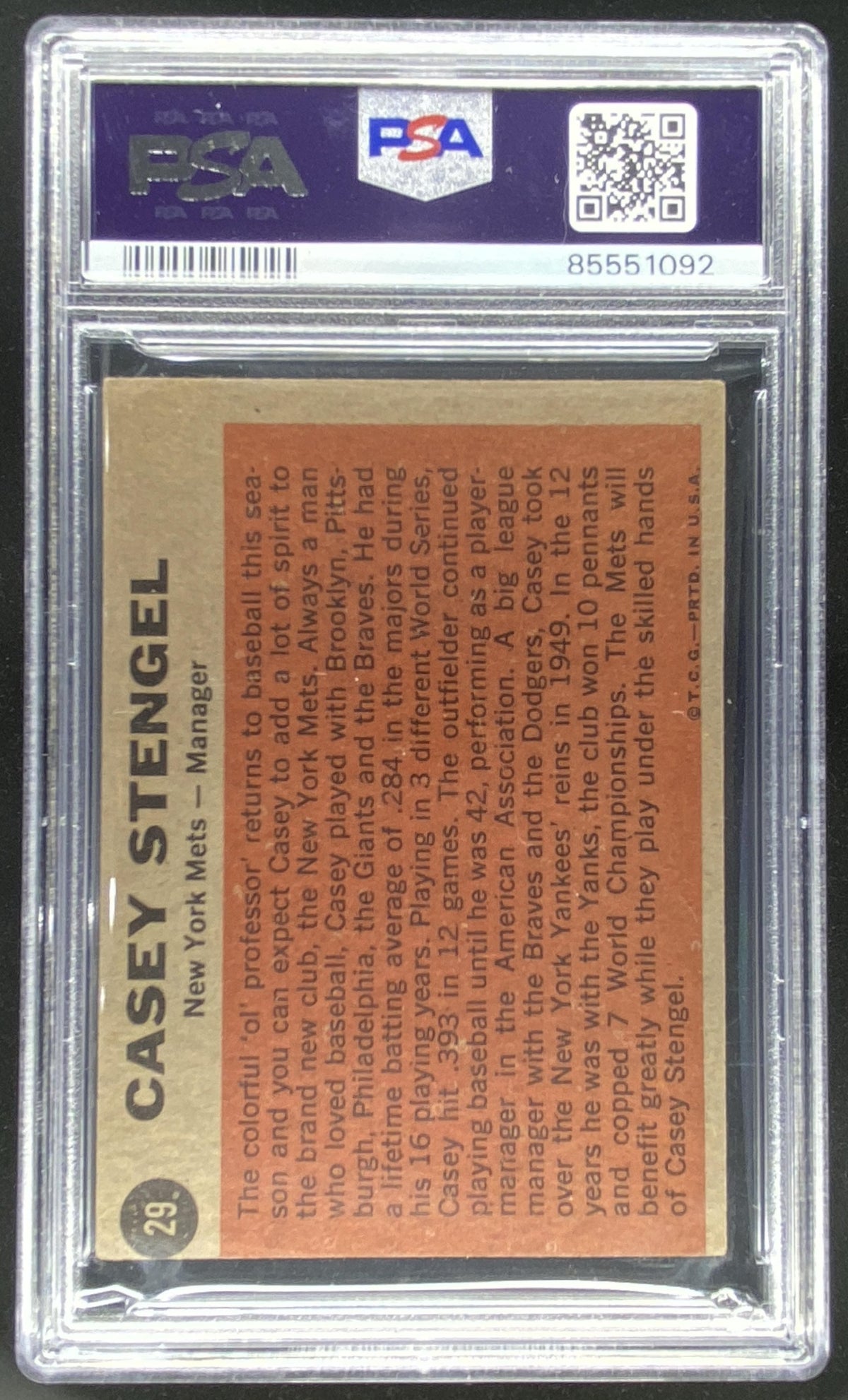 1962 Topps Casey Stengel #29 graded PSA 3 trading card