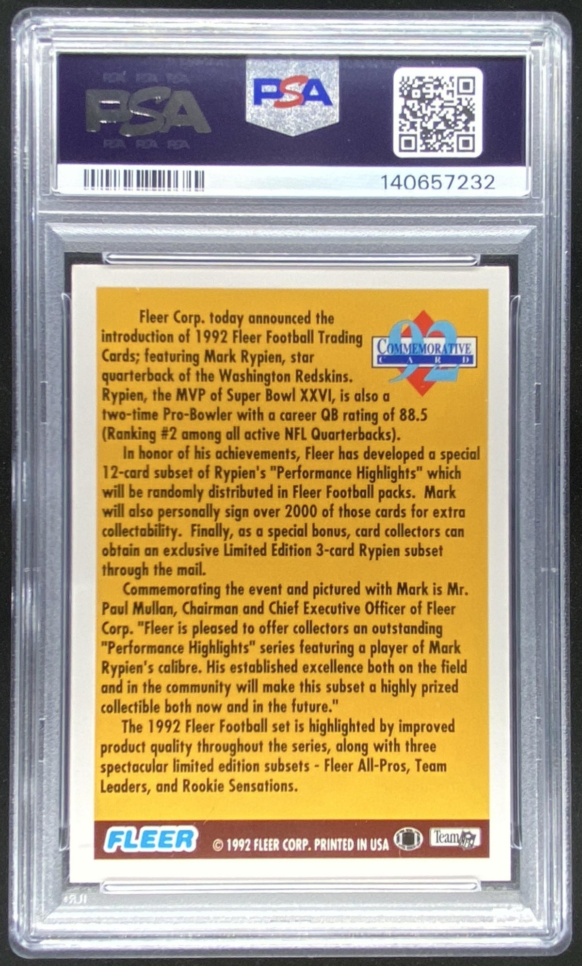 1992 Fleer Mark Rypien graded PSA 9 trading card