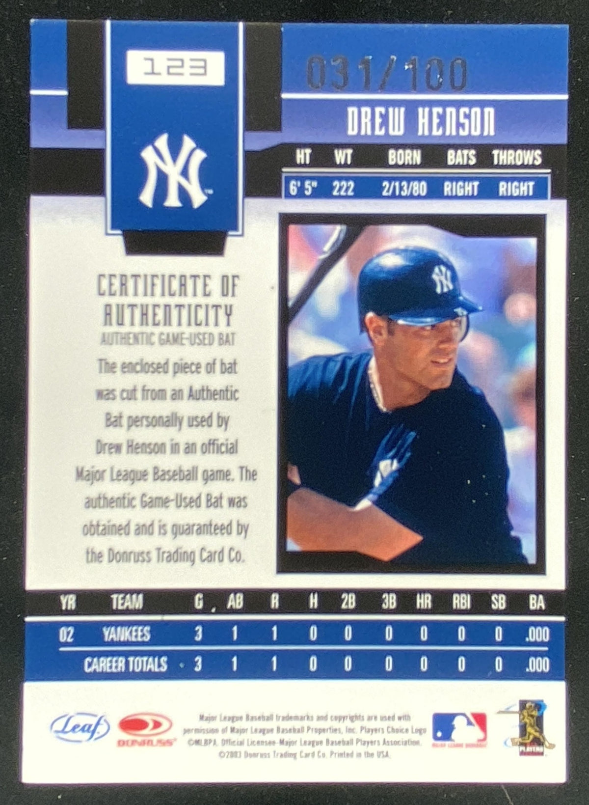 2003 Leaf Certified Drew Henson #123 trading card