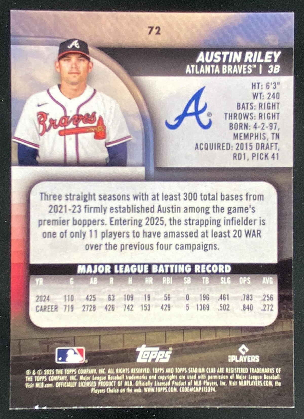 2025 Topps Stadium Club Austin Riley #72 trading card