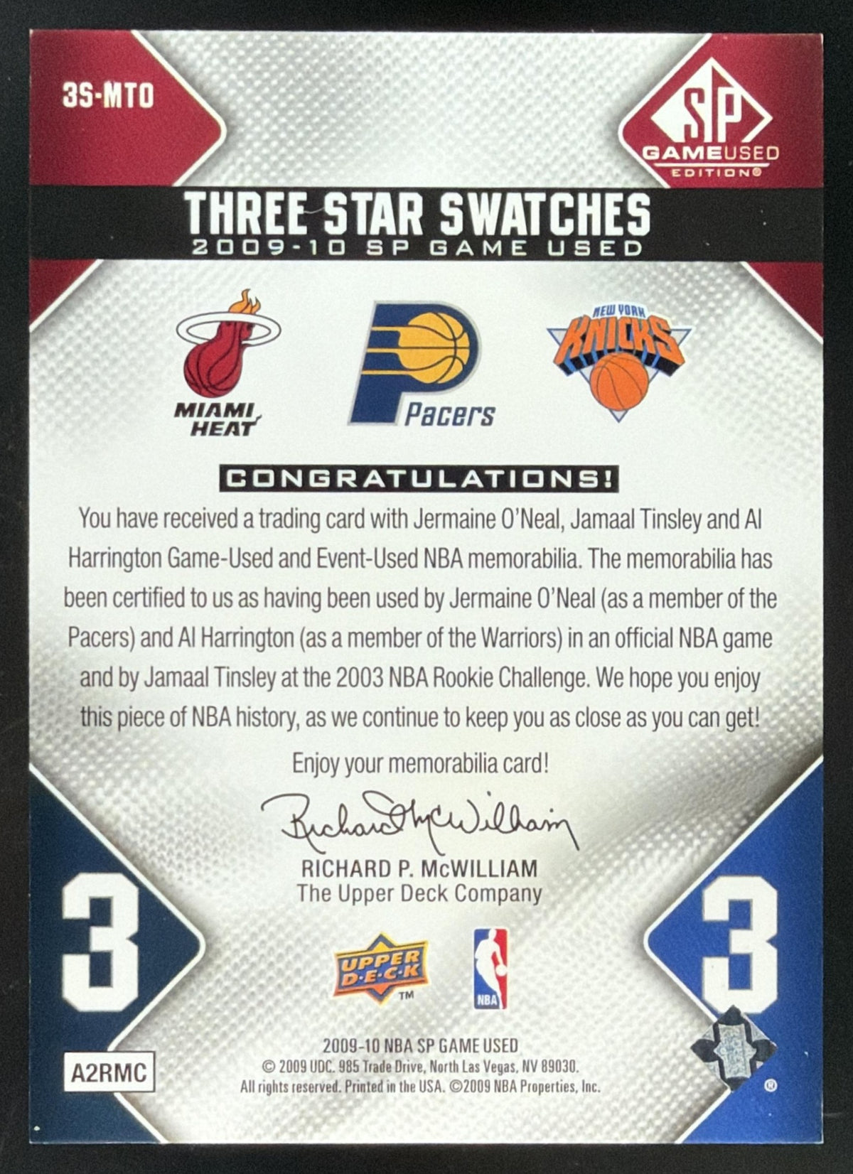 2009 SP Game Used Harrington / O'Neal / Tinsley Triple Jersey /50