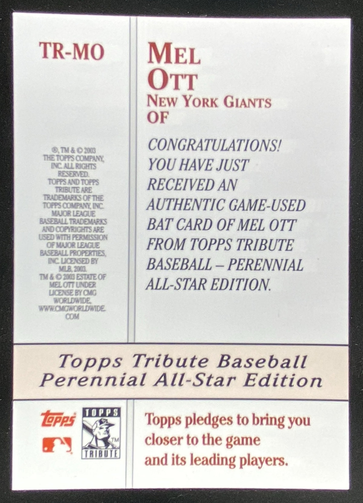 2003 Topps Tribute Perennial All-Star Edition Mel Ott #TR-MO trading card