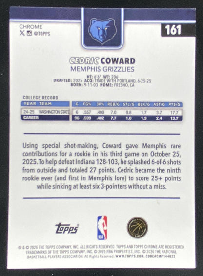 2025 Topps Chrome Update Cedric Coward #161 trading card