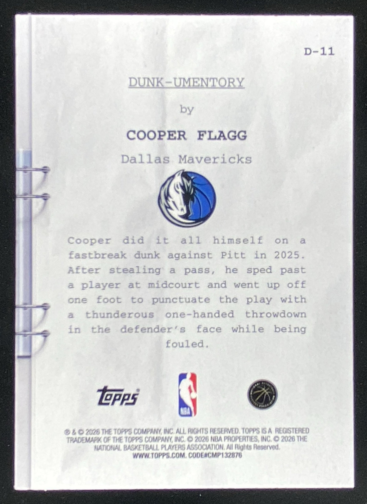 2025 Topps Hoops Cooper Flagg #D-11 trading card