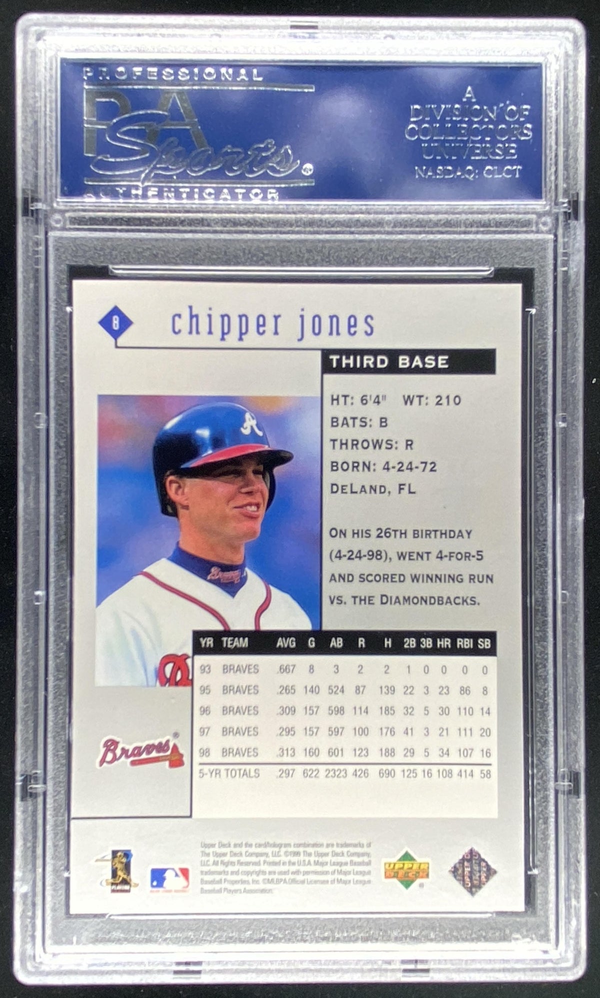 1999 Upper Deck Black Diamond Chipper Jones #8 graded PSA 10 trading card