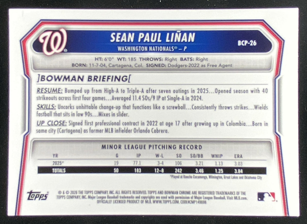 2026 Bowman Mega Box Sean Paul Linan trading card