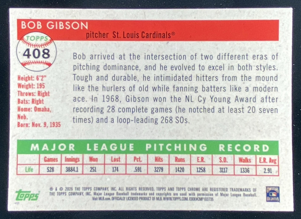 2025 Topps Chrome Platinum Anniversary Bob Gibson #408 trading card
