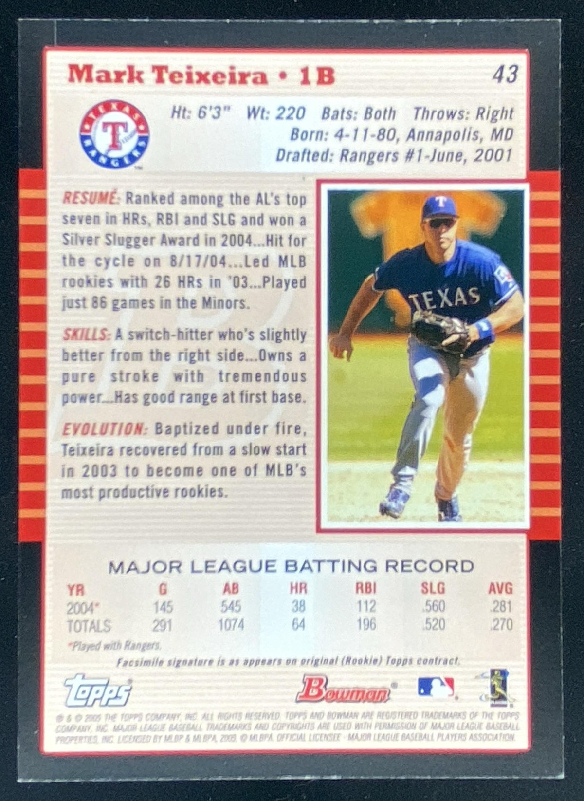 2005 Bowman Mark Teixeira #43 trading card