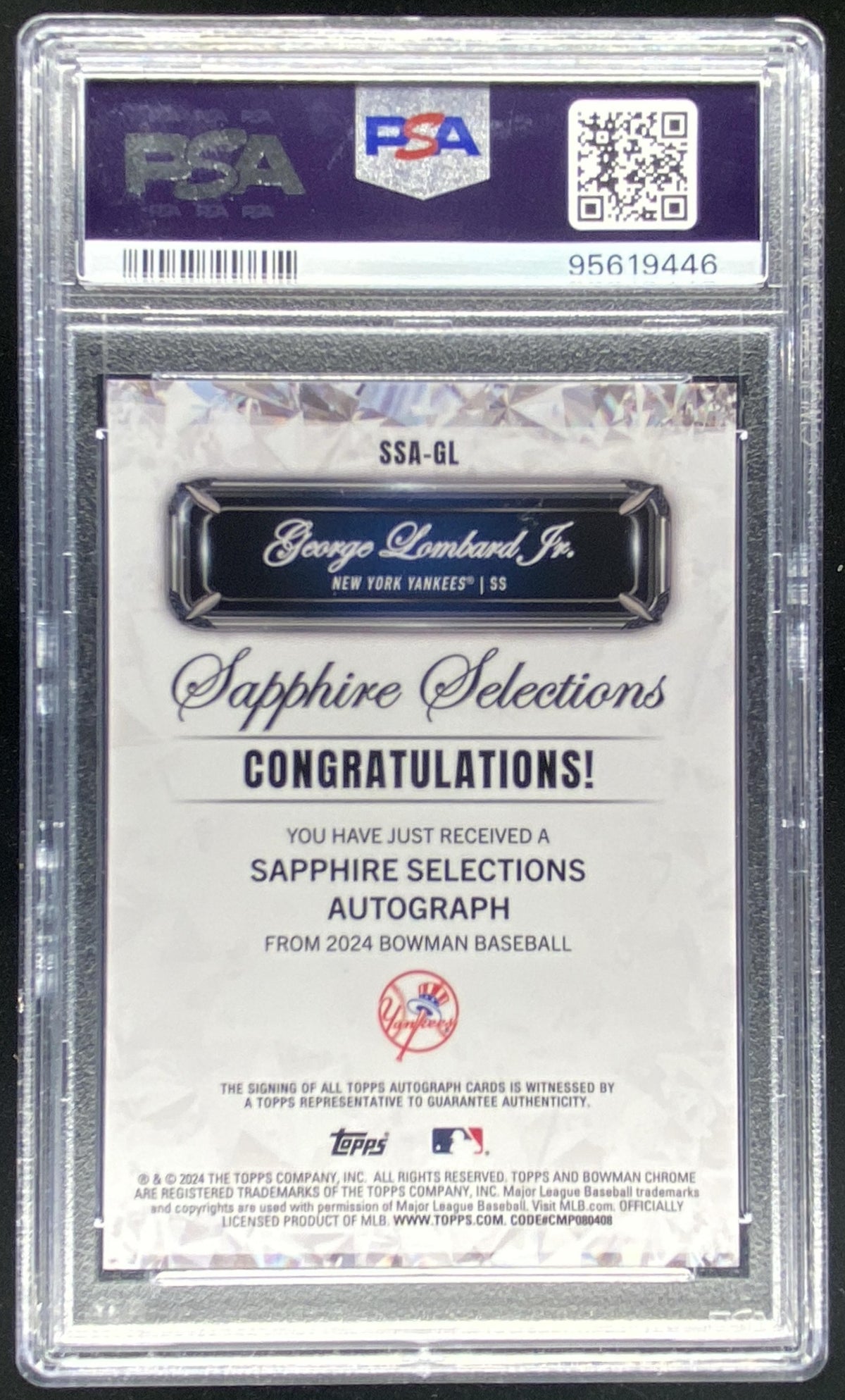 2024 Bowman Sapphire George Lombard Jr. graded PSA 10 trading card