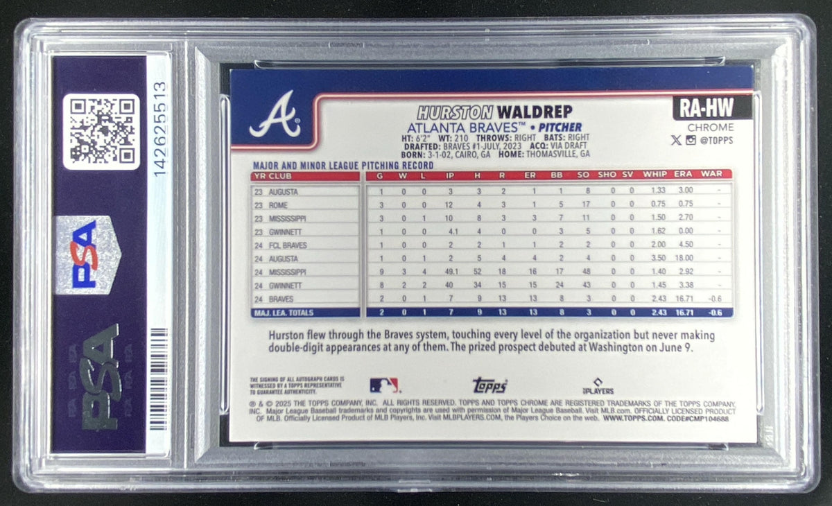 2025 Topps Chrome Sapphire Hurston Waldrep graded PSA 9 trading card
