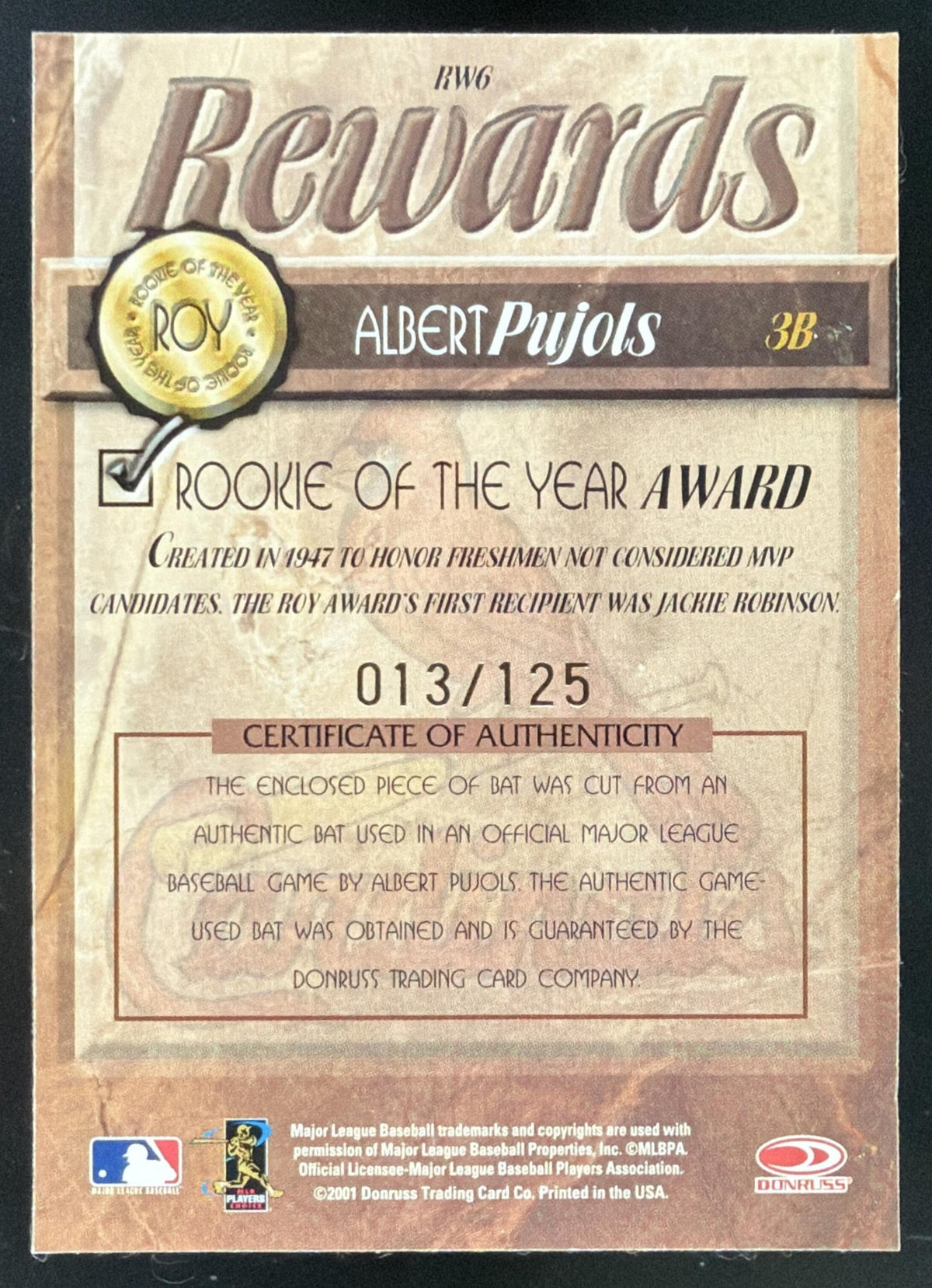 2001 Donruss Class of 2001 Final Rewards Albert Pujols Bat /125
