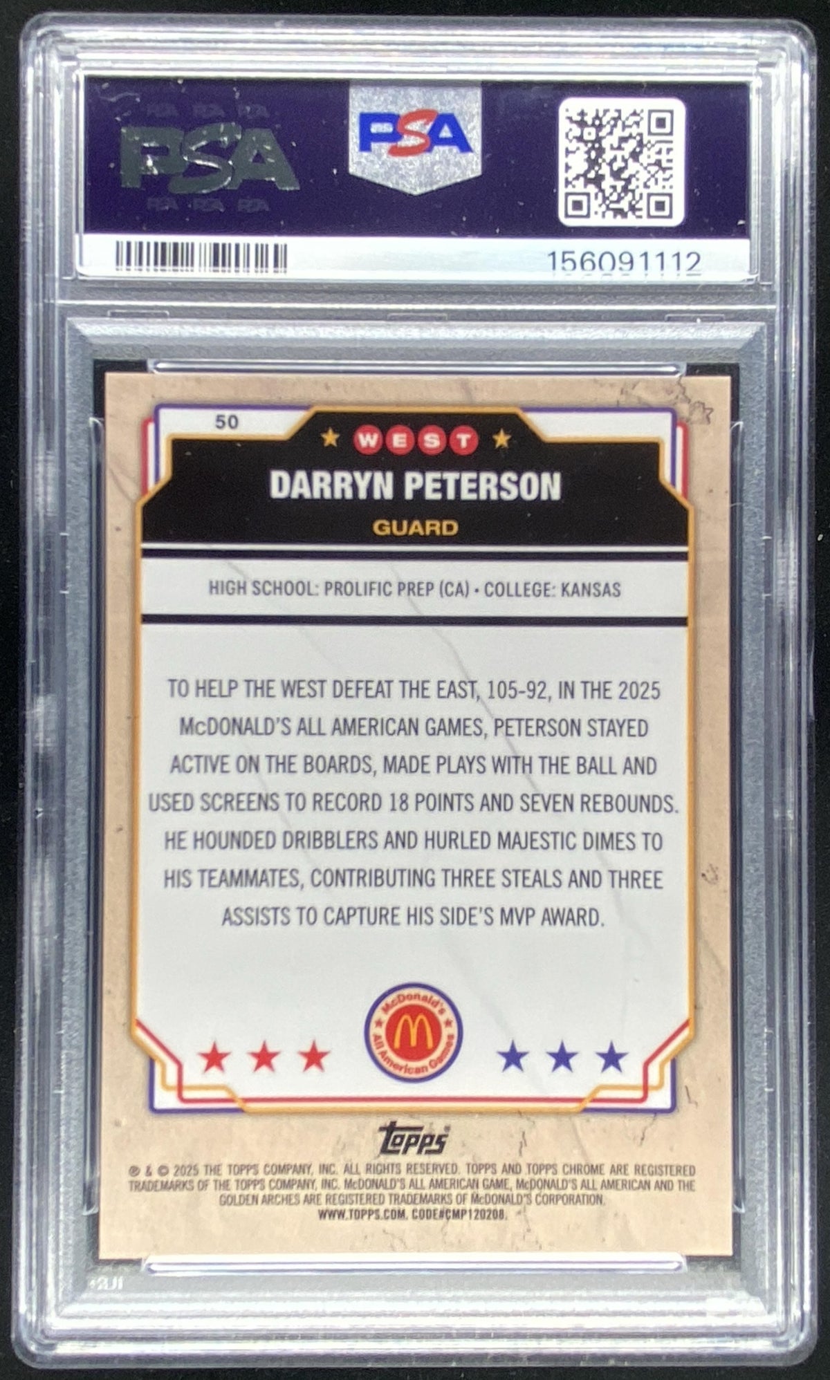 2025 Topps Chrome McDonald's All-American Darryn Peterson graded PSA 8 trading card