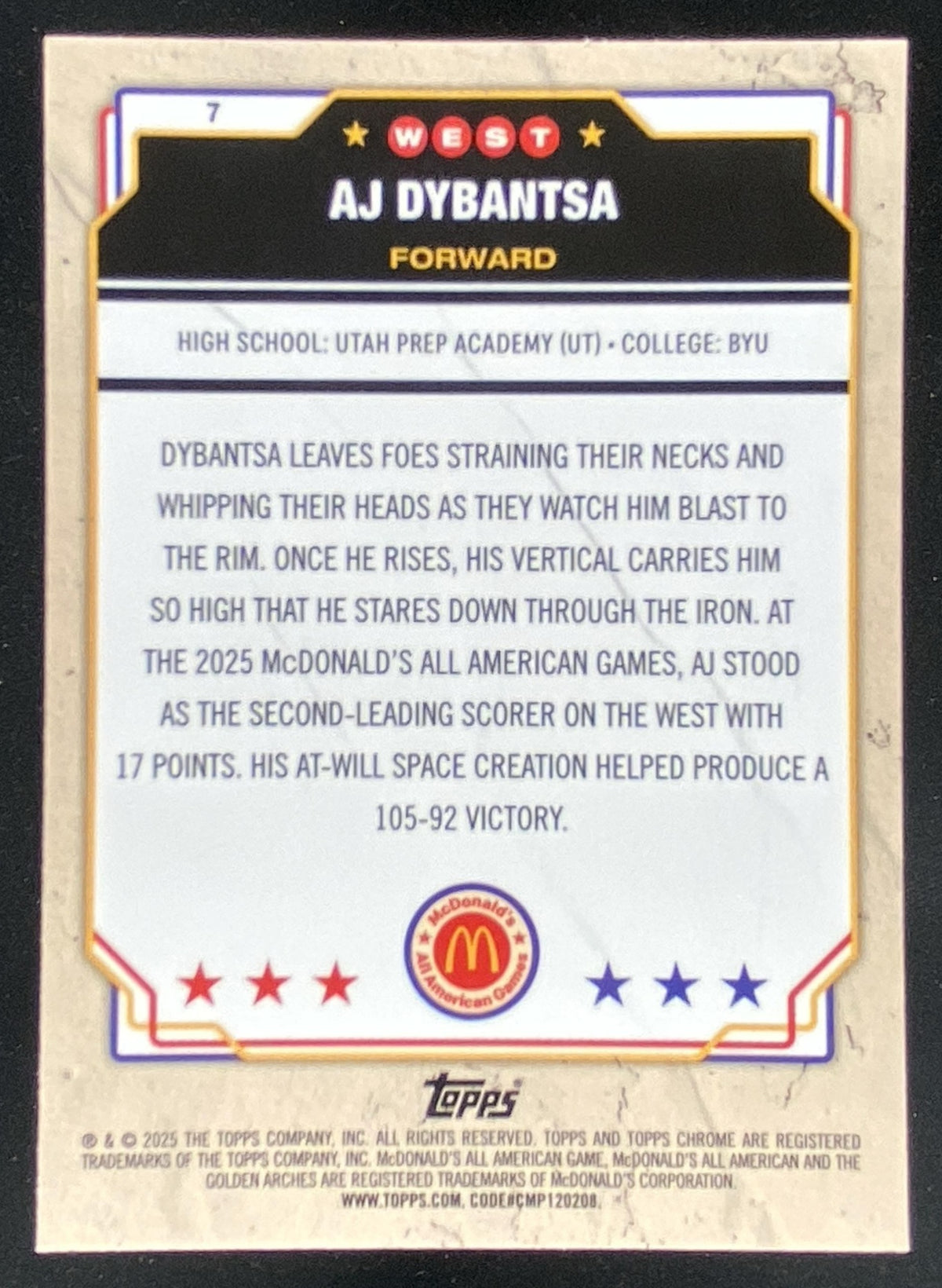 2025 Topps Chrome McDonald's All-American AJ Dybantsa trading card