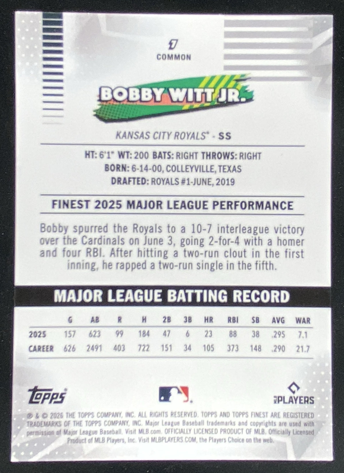 2026 Topps Finest Bobby Witt Jr. #7 trading card