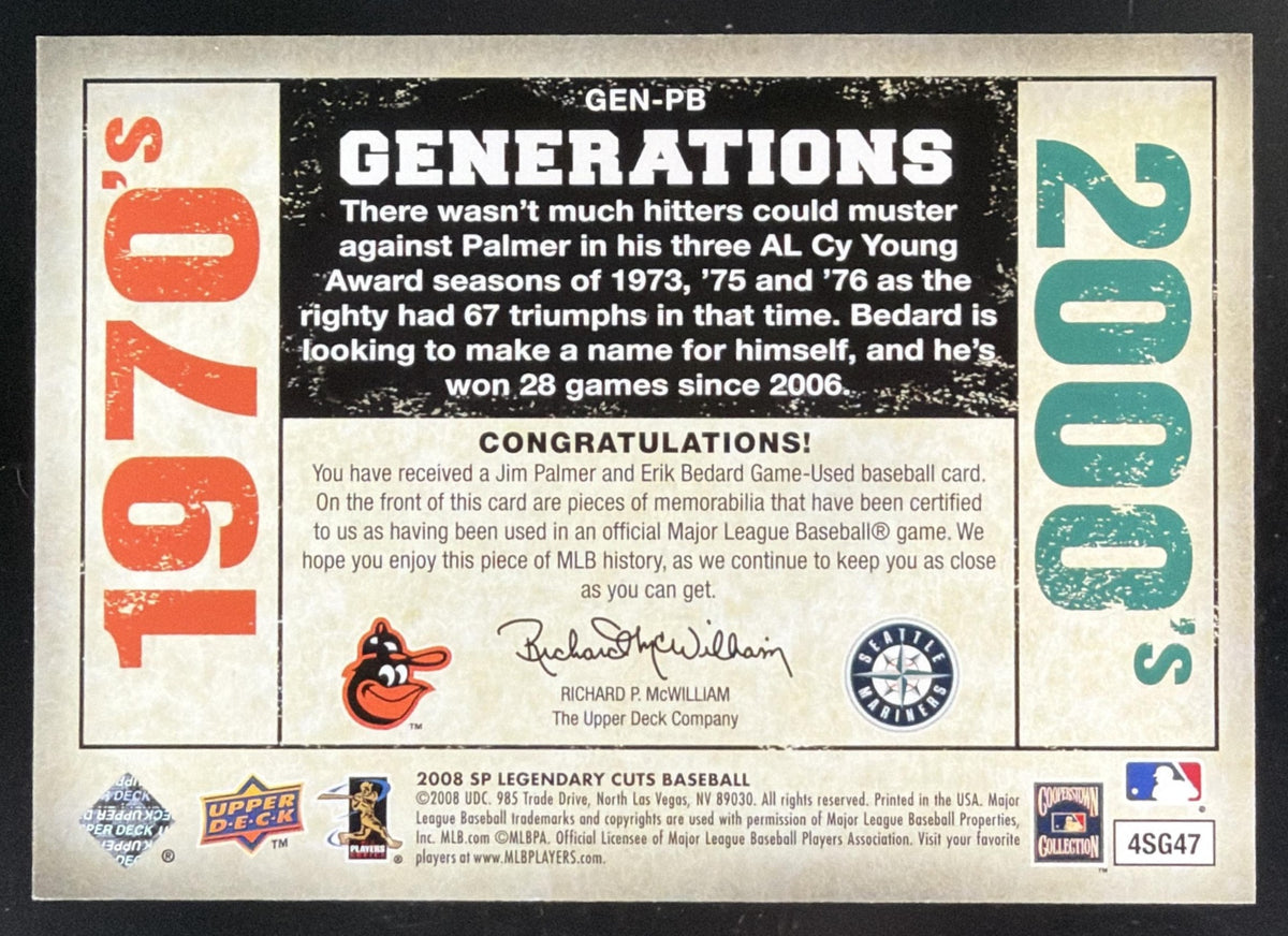 2008 SP Legendary Cuts Generations Jim Palmer / Erik Bedard Dual Jersey