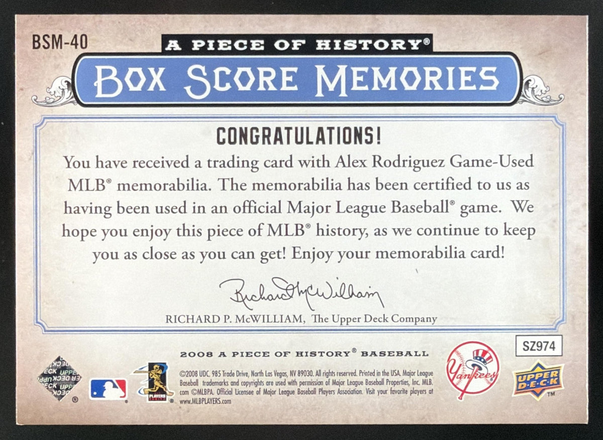 2008 Upper Deck A Piece of History Box Score Memories Alex Rodriguez Jersey /25