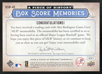 2008 Upper Deck A Piece of History Box Score Memories Alex Rodriguez Jersey /25