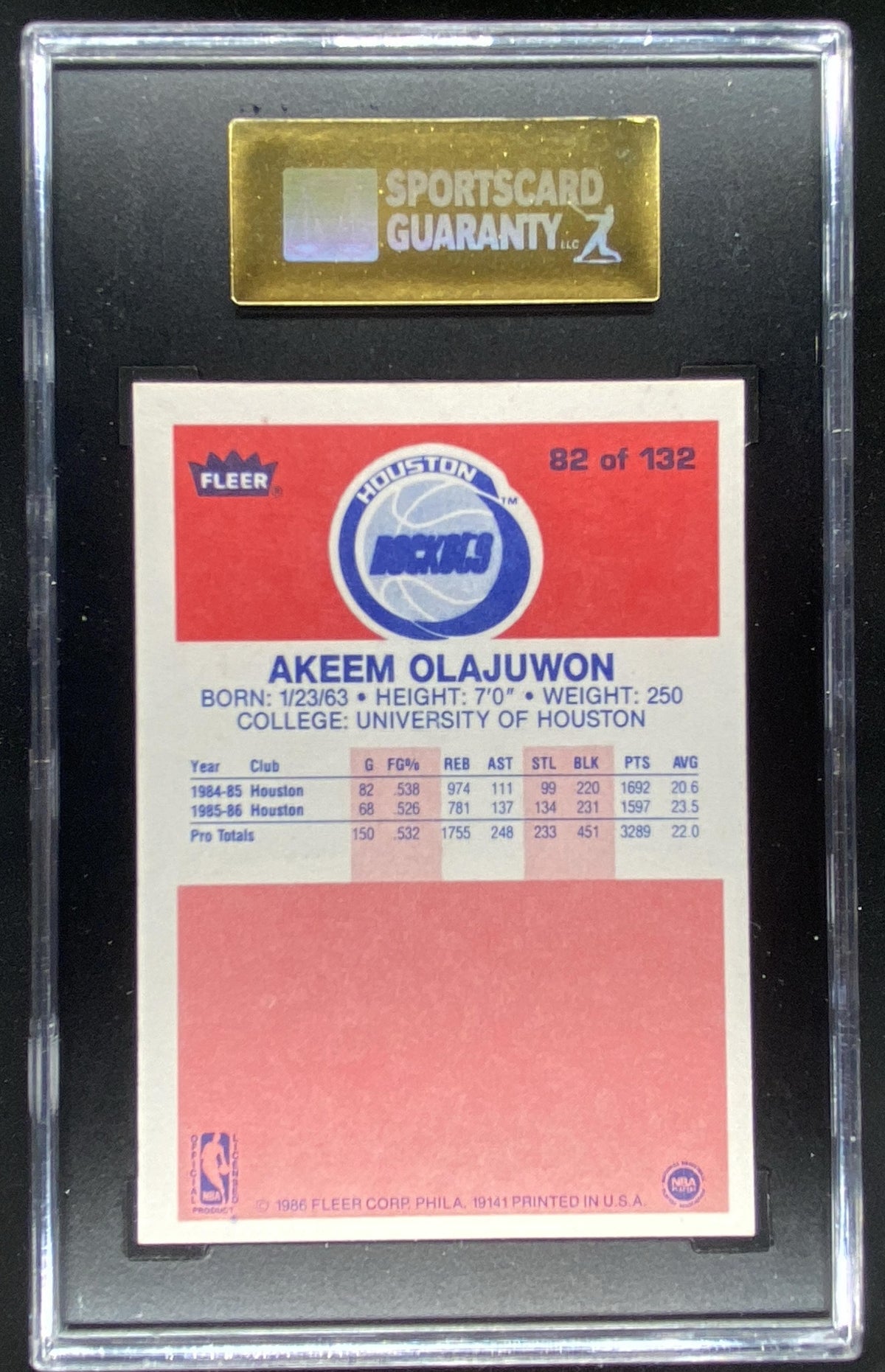 1986 Fleer Akeem Olajuwon #82 graded SGC 8.5 trading card