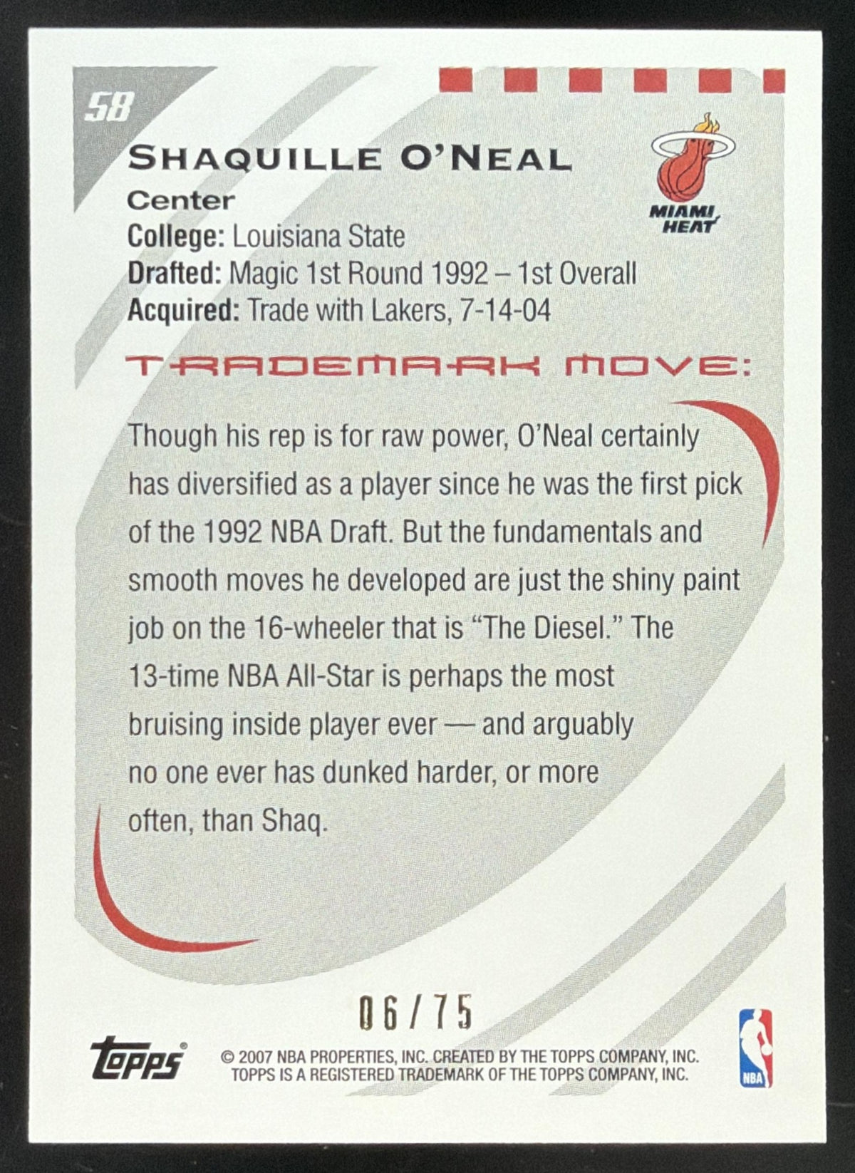 2006 Topps Trademark Moves Shaquille O'Neal Wood /75