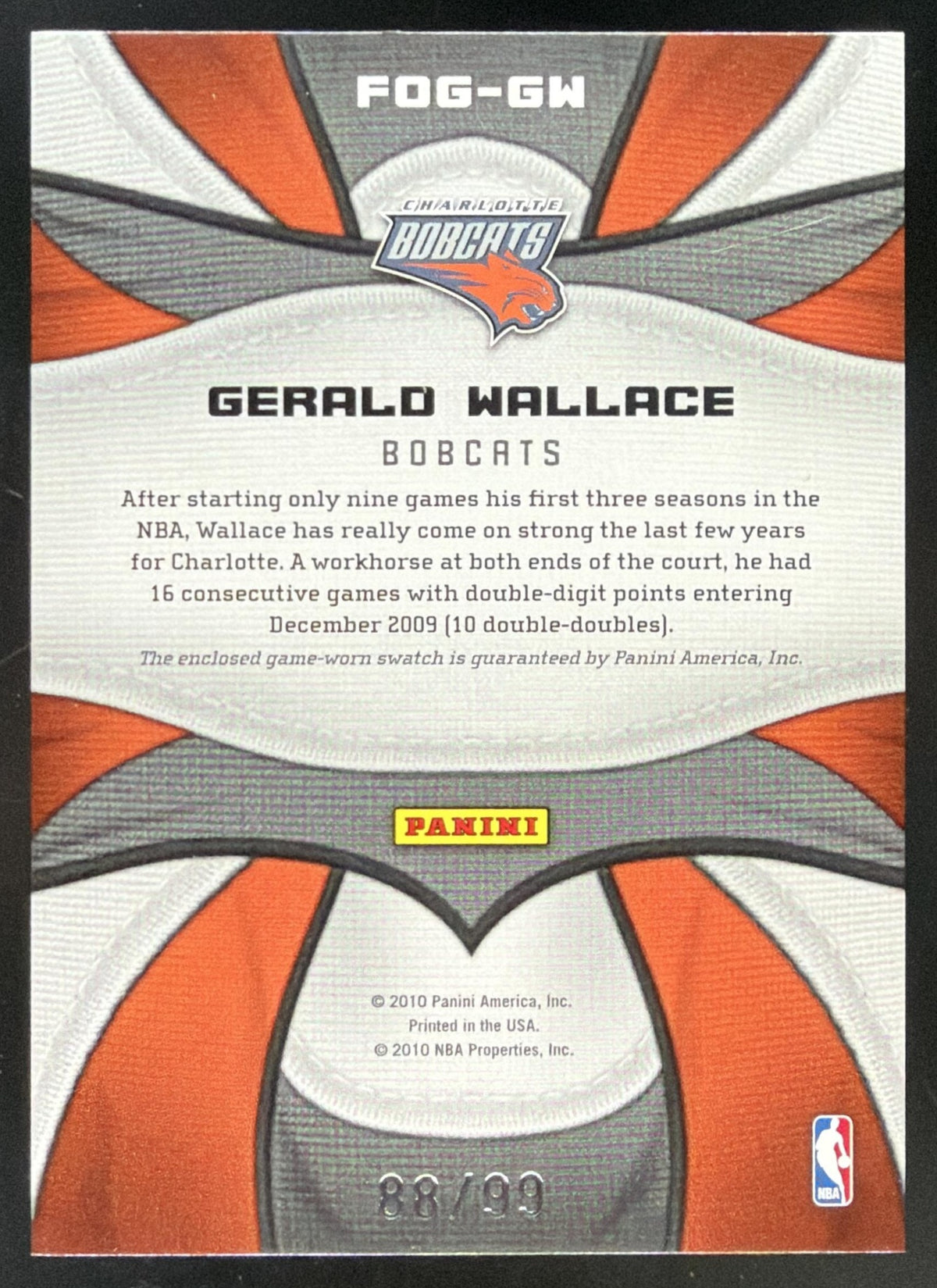 2009 Certified Fabric of the Game Jersey Number Gerald Wallace Jersey /99
