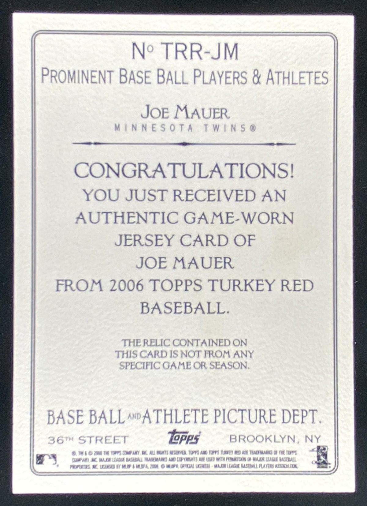 2006 Topps Turkey Red Joe Mauer #TRR-JM trading card