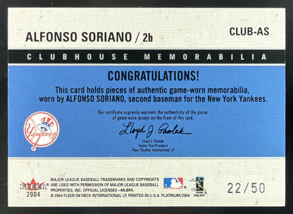 2004 Fleer Platinum Clubhouse Memorabilia Alfonso Soriano Jersey Pants /50