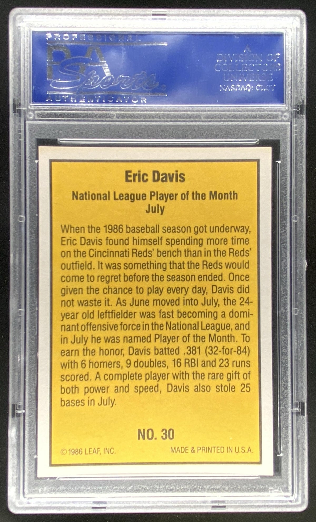 1986 Donruss Highlights Eric Davis #30 graded PSA 10 trading card