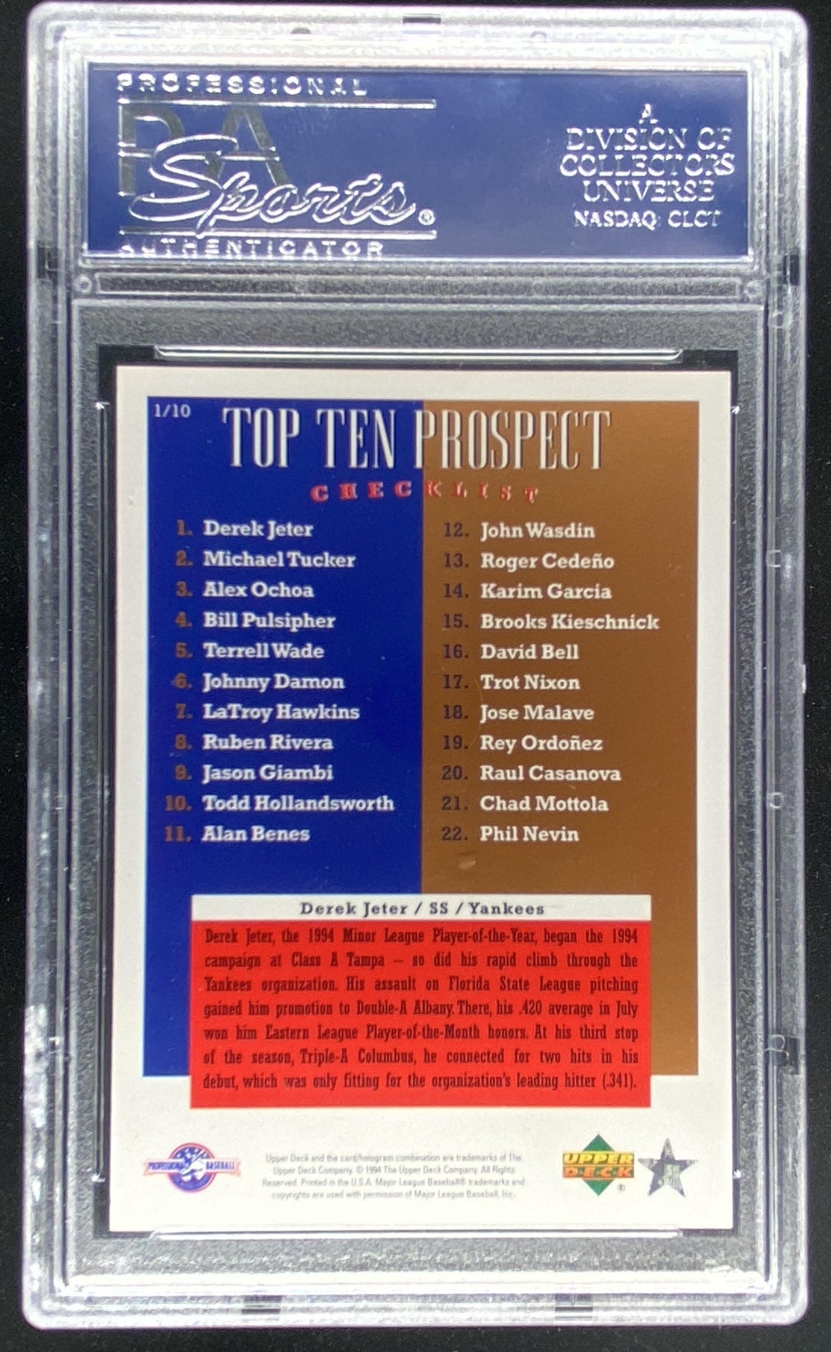1995 Upper Deck Minor League Derek Jeter #1 graded PSA 10 trading card