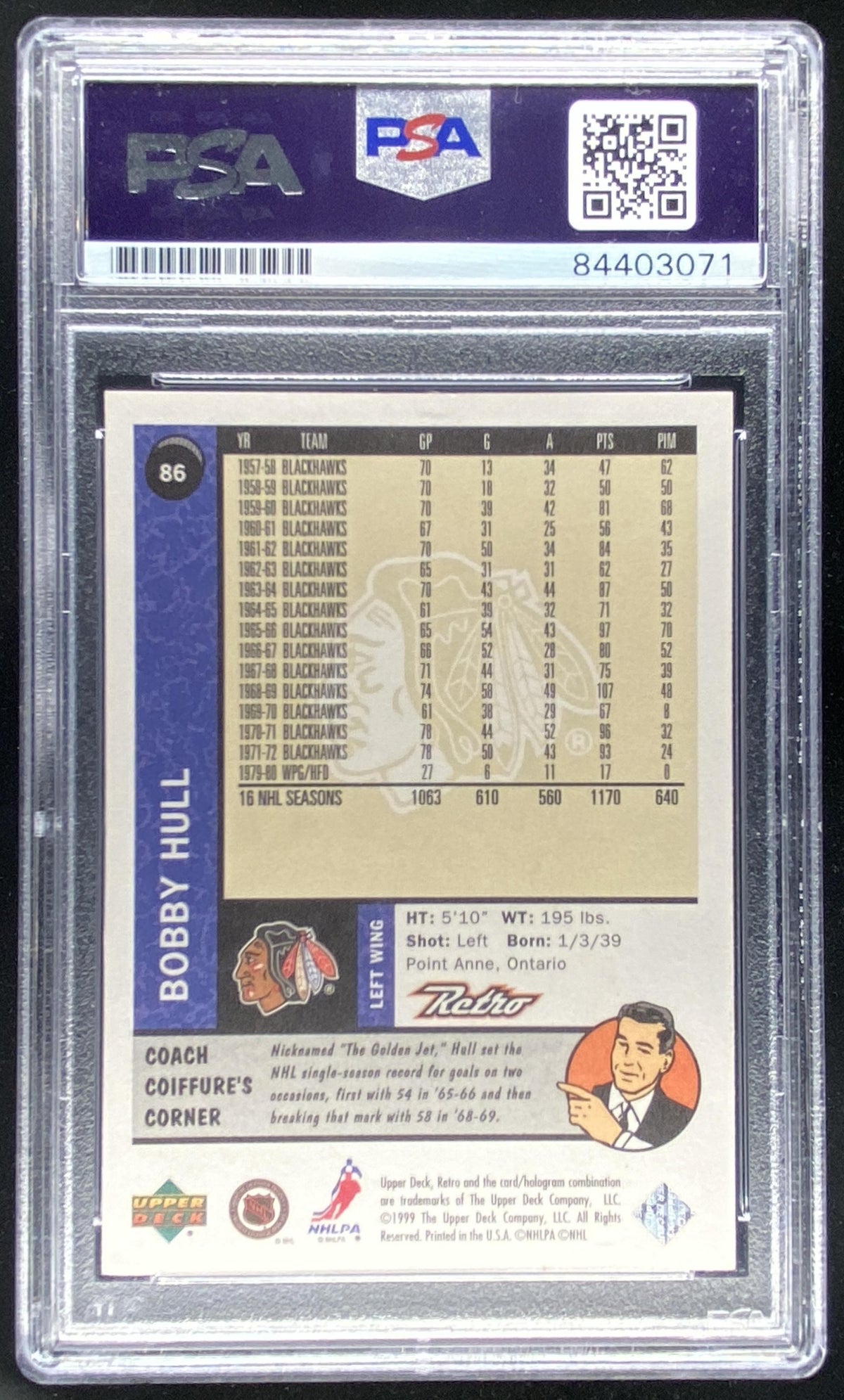 1999 Upper Deck Retro Bobby Hull #86 PSA authenticated autograph trading card