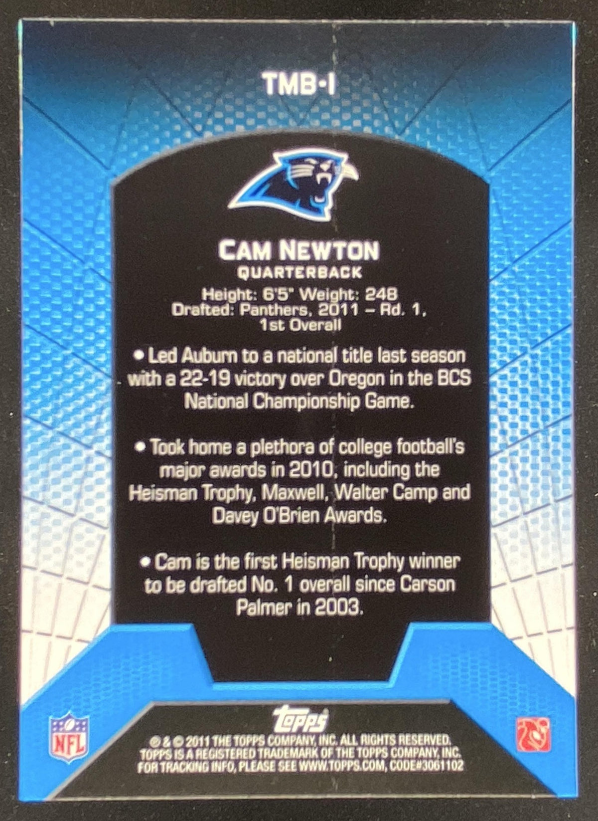 2011 Topps Cam Newton #TMB-1 trading card