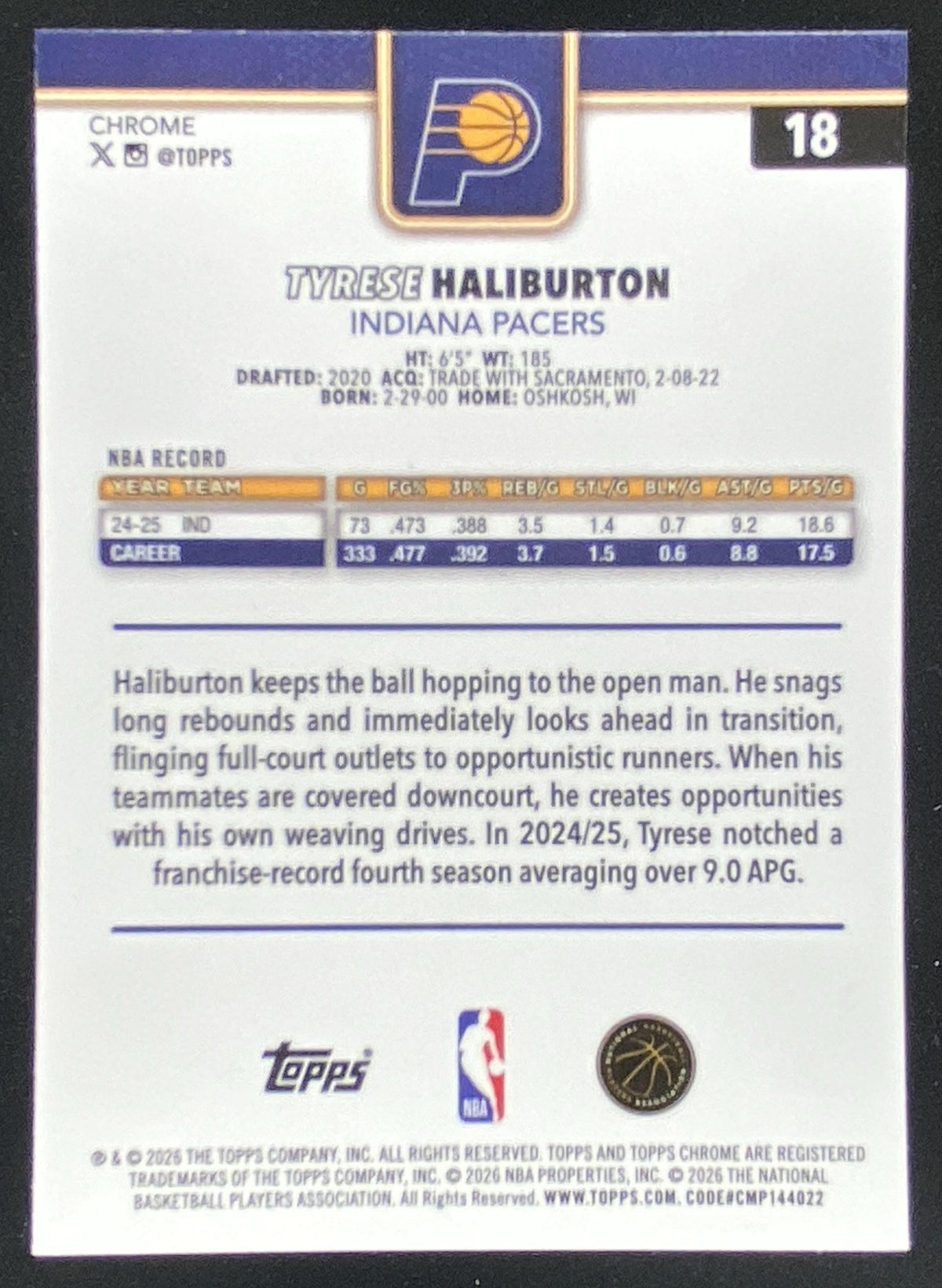 2025 Topps Chrome Update Tyrese Haliburton #18 trading card
