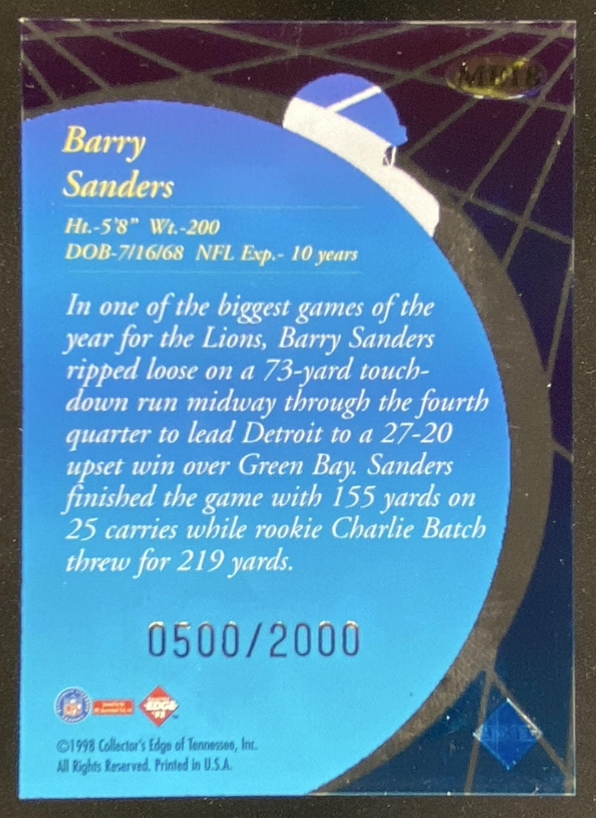 1998 Collector's Edge Barry Sanders #ME18 trading card