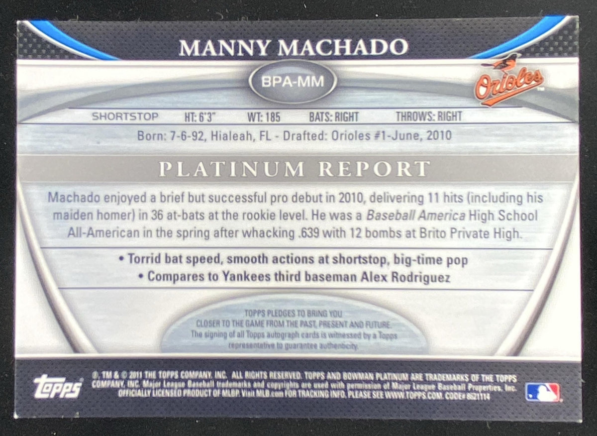 2011 Bowman Platinum Manny Machado #BPA-MM trading card