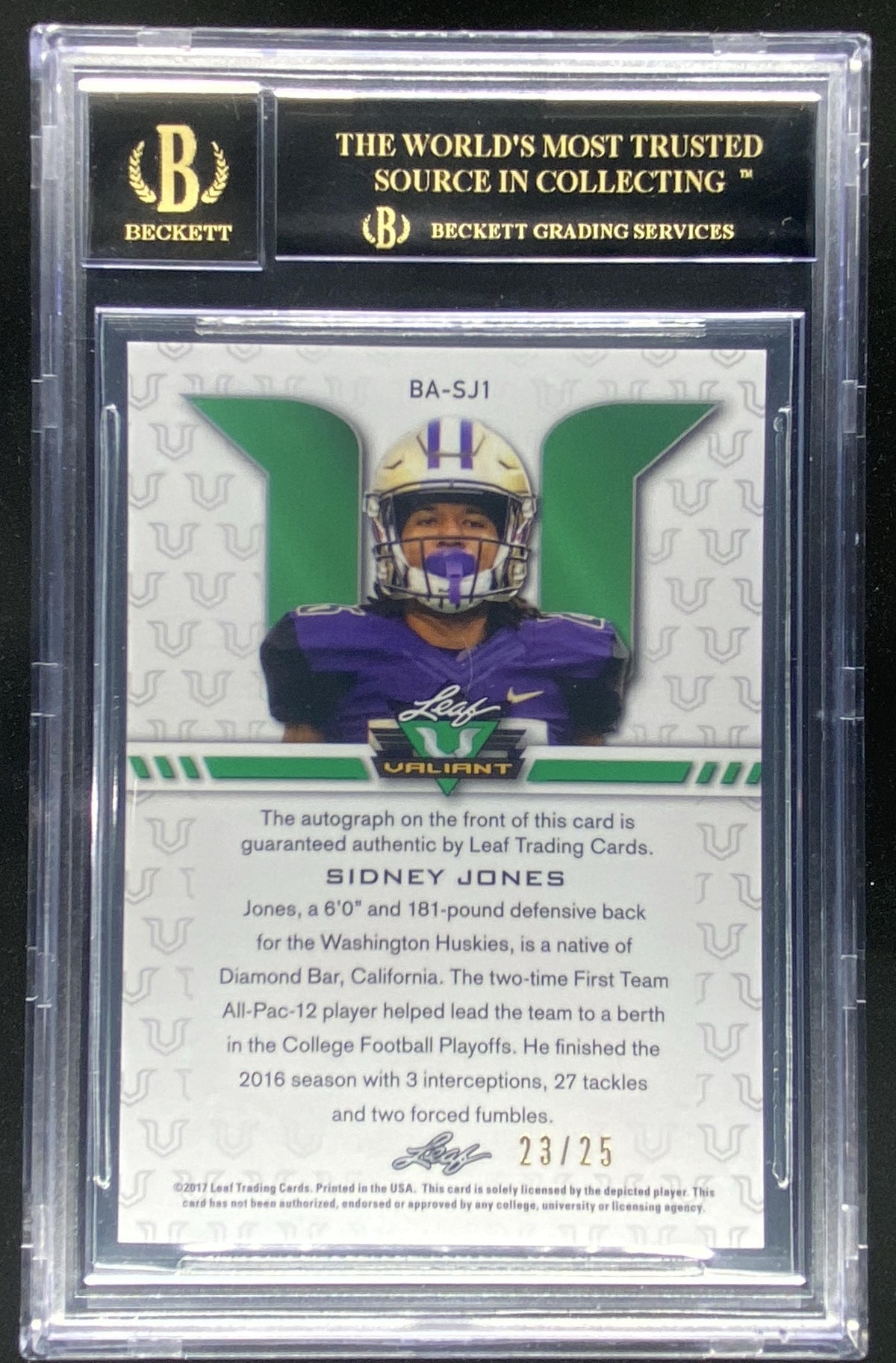 2017 Leaf Valiant Sidney Jones graded BGS 10 trading card