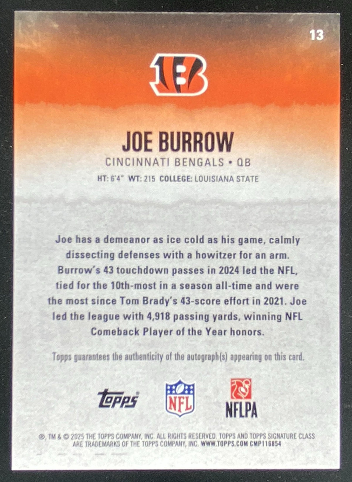2025 Topps Signature Class Joe Burrow #13 trading card