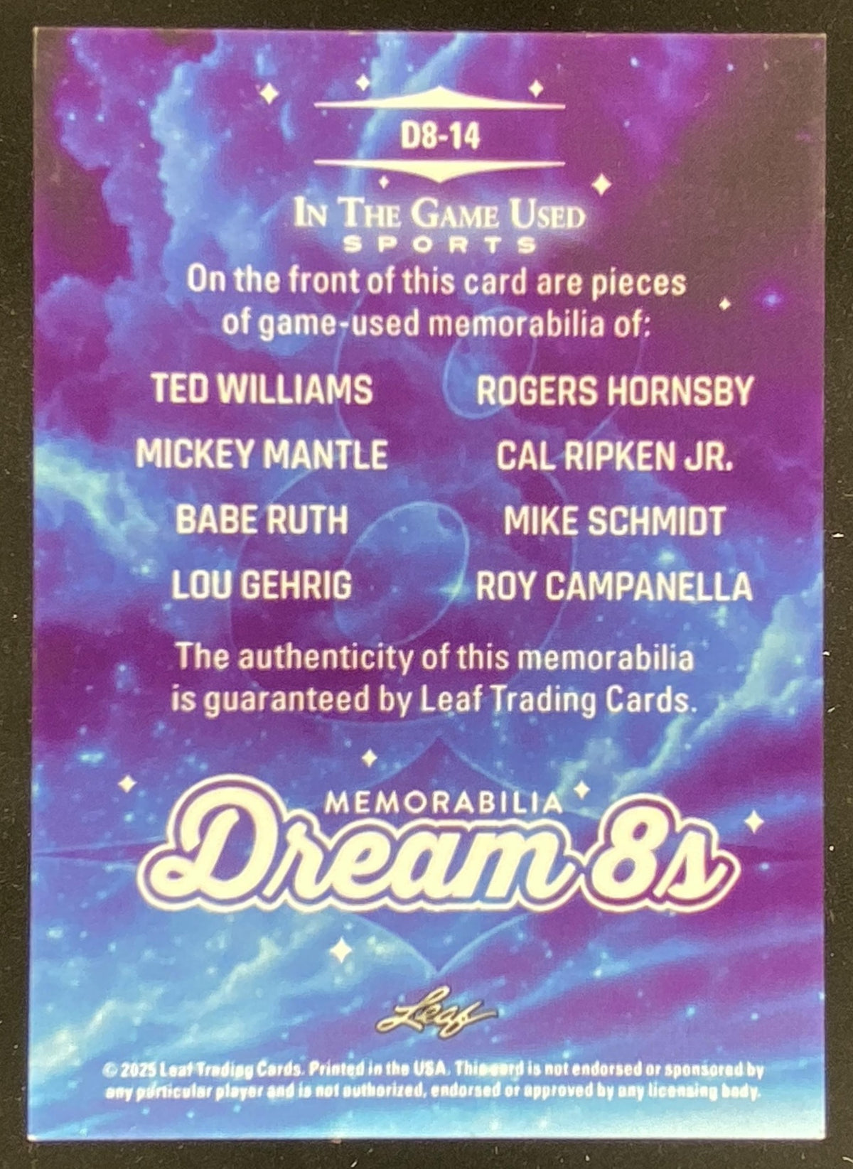 2025 Leaf Williams / Mantle / Ruth / Gehrig / Hornsby / Ripken Jr. / Schmidt / Campanella trading card