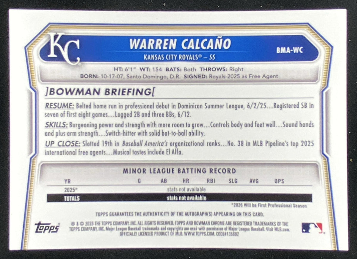 2026 Bowman Mega Box Warren Calcano trading card