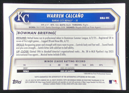 2026 Bowman Mega Box Warren Calcano trading card