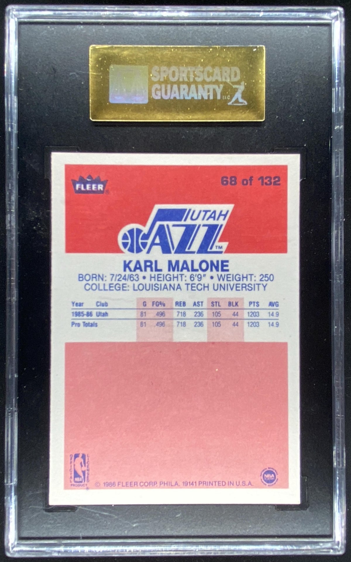 1986 Fleer Karl Malone #68 graded SGC 8.5 trading card