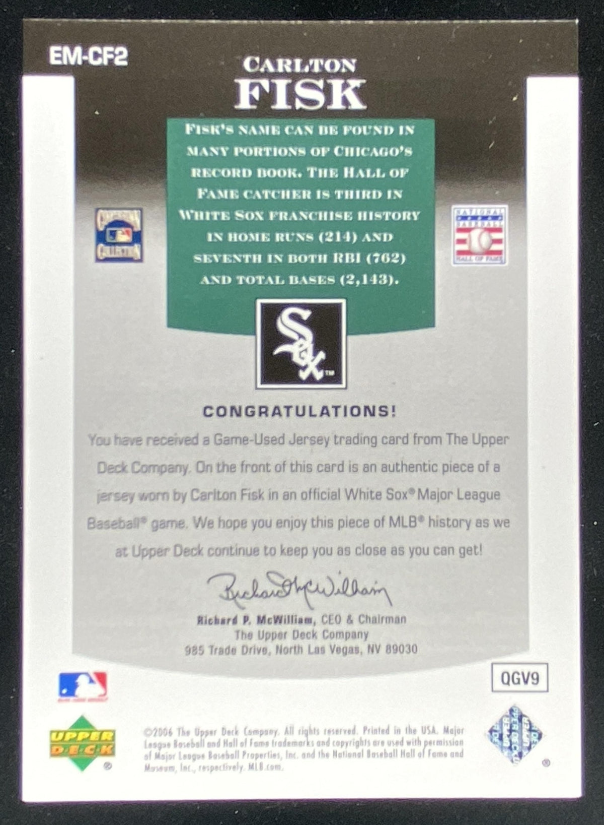 2006 Upper Deck Epic Carlton Fisk #EM-CF2 trading card