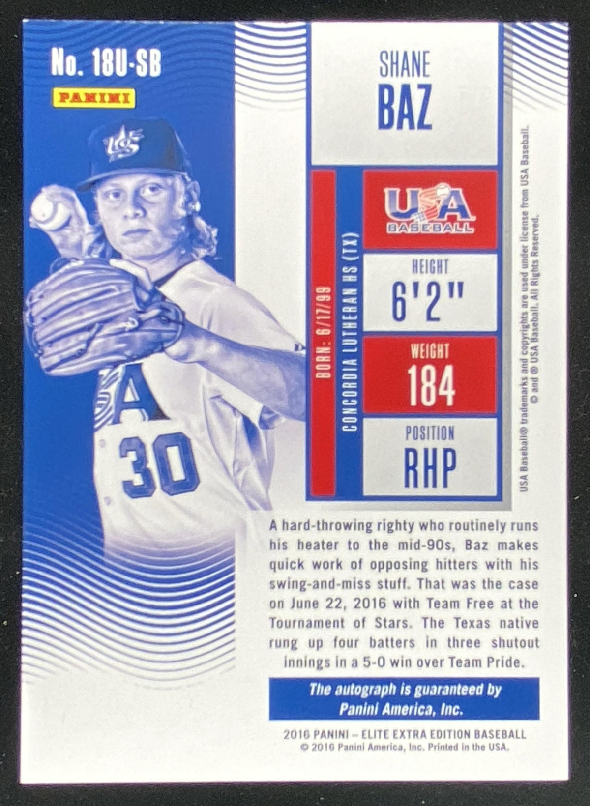 2016 Panini Elite Extra Edition Shane Baz trading card