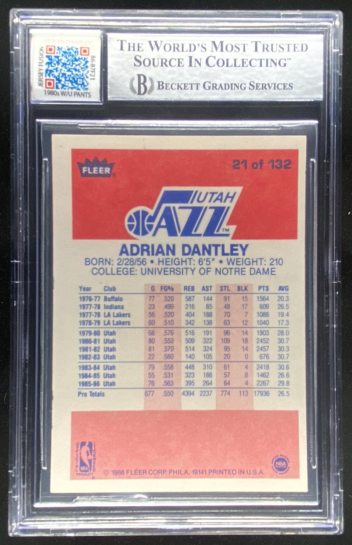 1986 Fleer Adrian Dantley #21 BGS autograph graded 10 trading card