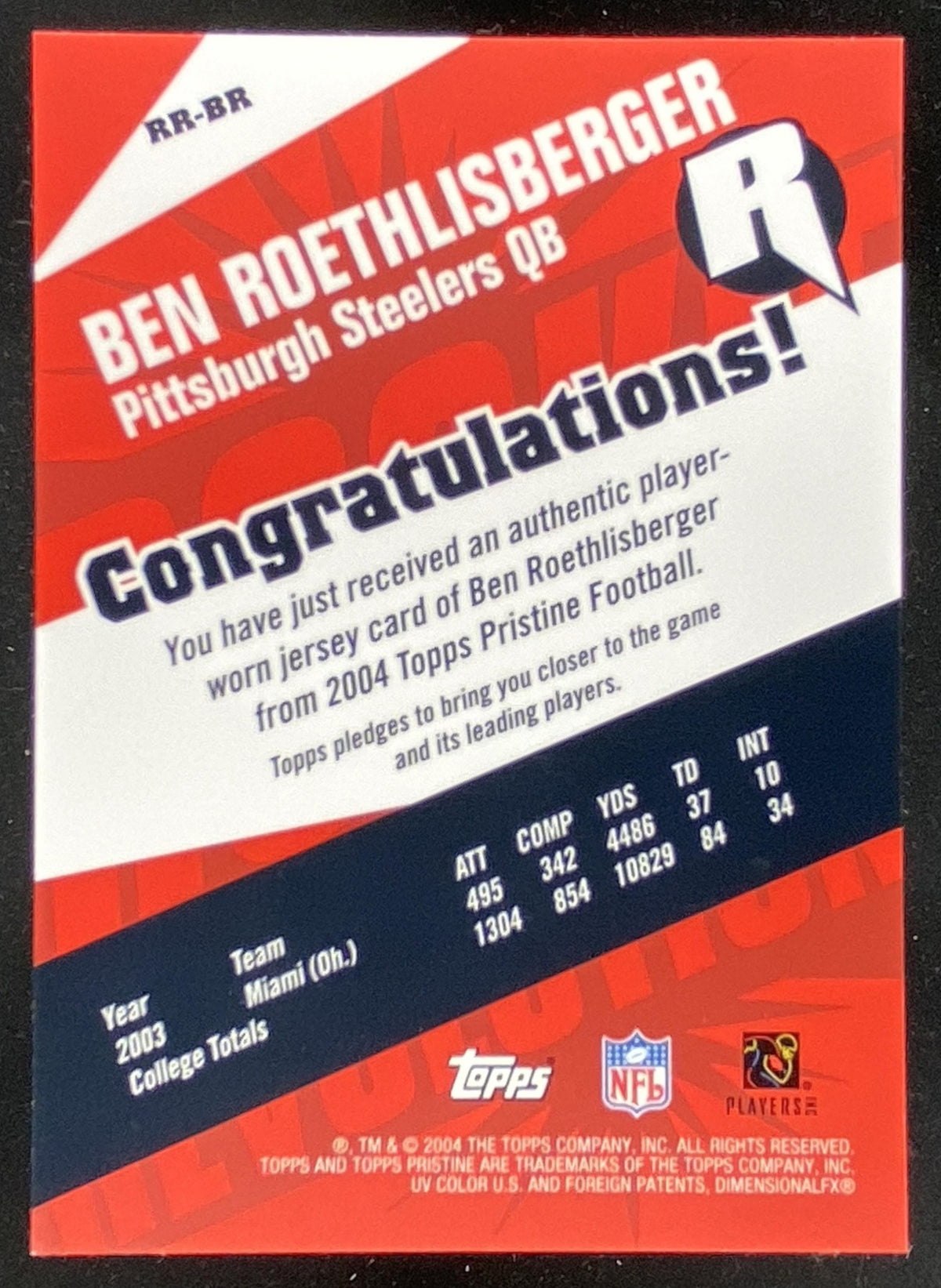 2004 Topps Pristine Ben Roethlisberger #RR-BR trading card