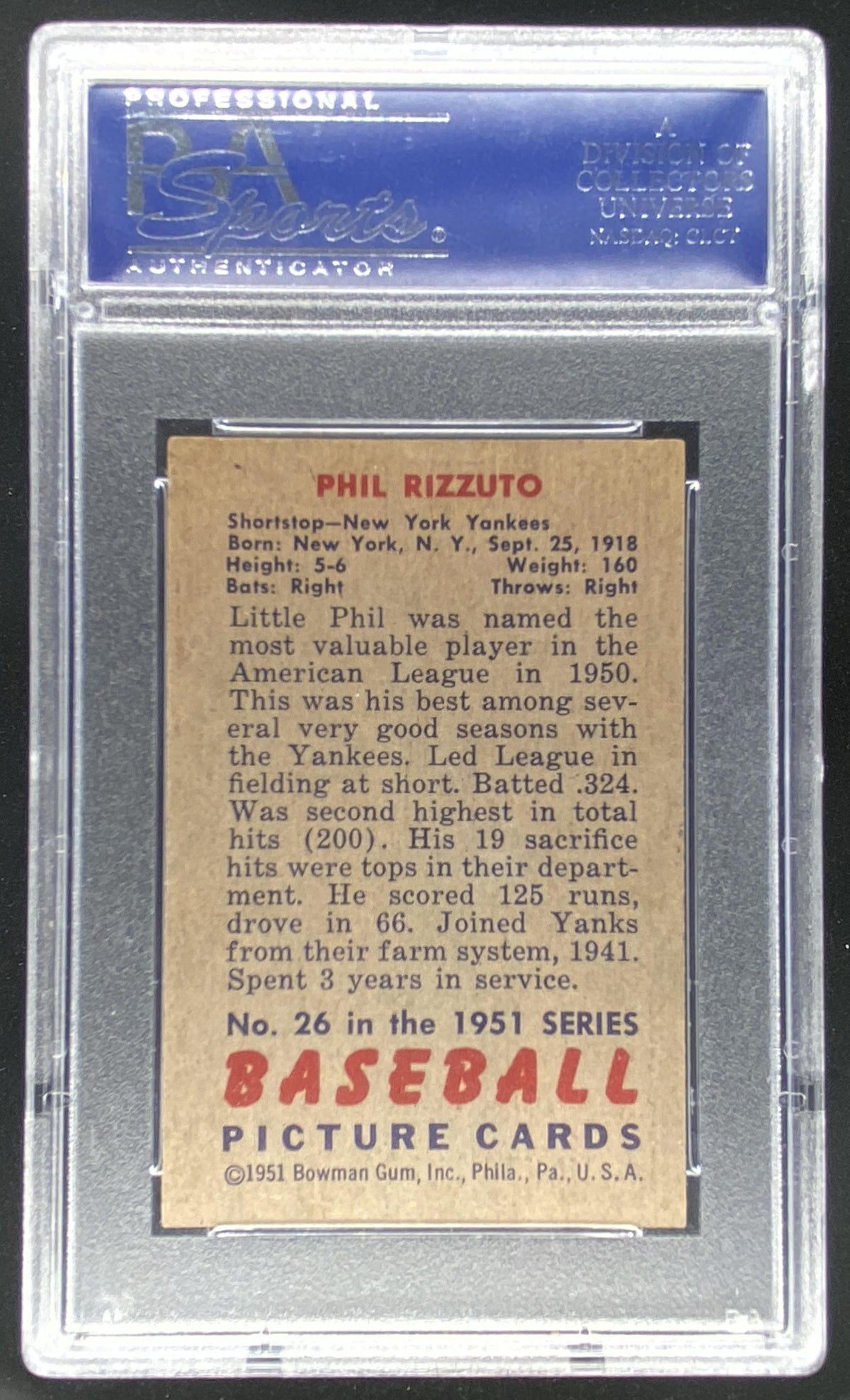 1951 Bowman Phil Rizzuto #26 graded PSA 5 trading card